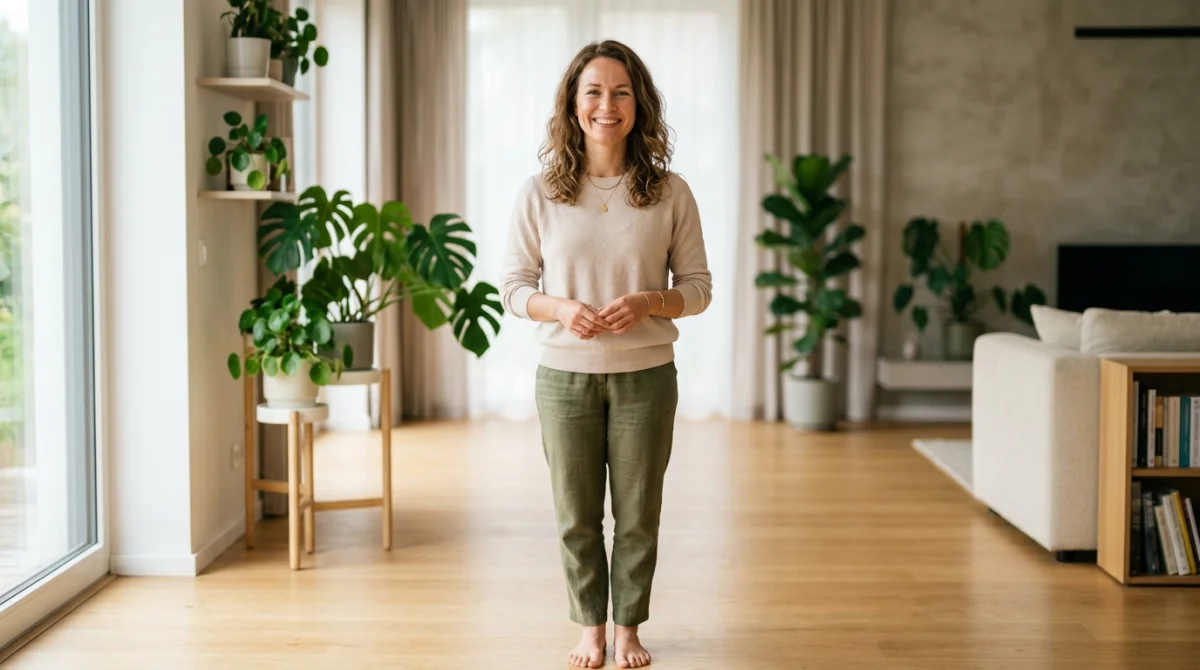 Personne souriante et sereine dans un intérieur lumineux, illustrant l'équilibre corporel lié au sujet brintellix perte de poids.