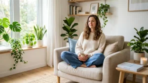 Personne sereine et détendue dans un salon lumineux, illustrant l'équilibre mental lié au traitement par Brintellix.