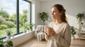 Personne sereine tenant une tasse de thé près d'une fenêtre ensoleillée, illustrant le bien-être et la patience thérapeutique.