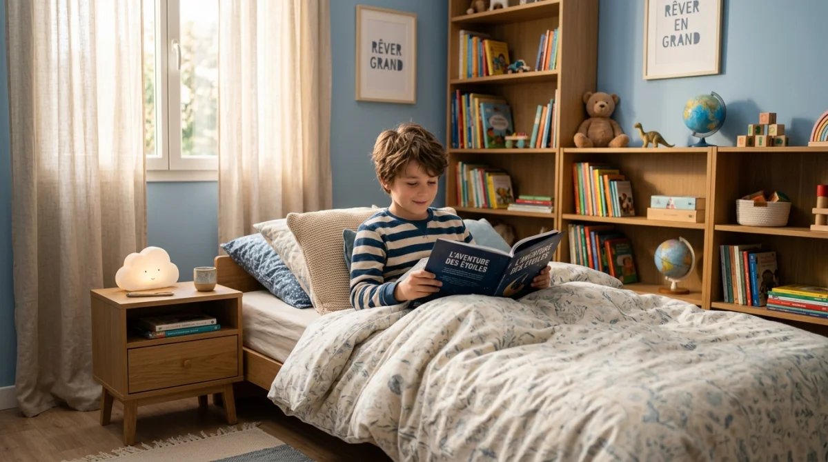 Garçon de 10 ans lisant paisiblement dans son lit pour favoriser le sommeil dans une chambre apaisante.