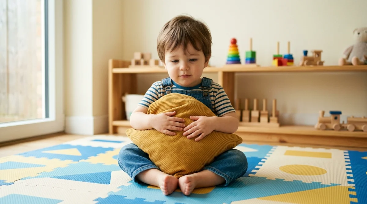 Un enfant de deux ans calme serre un coussin, illustrant une gestion sereine des émotions pour mon fils de 2 ans tape tout le monde.