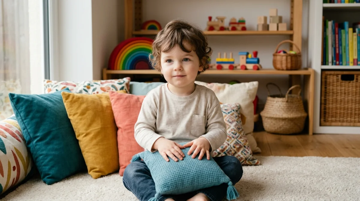 Jeune enfant calme jouant avec un coussin dans un salon, illustrant la gestion positive des émotions chez l'enfant.