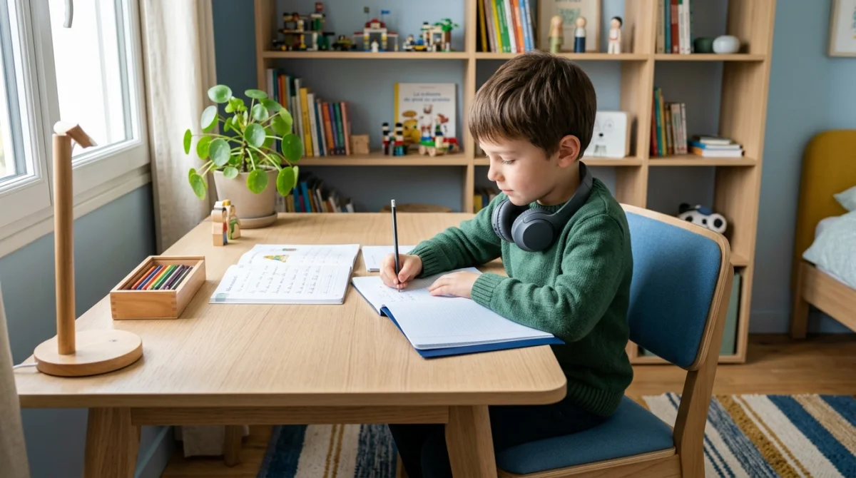 Garçon de 7 ans concentré et calme, assis à son bureau pour faire ses devoirs dans une chambre lumineuse.
