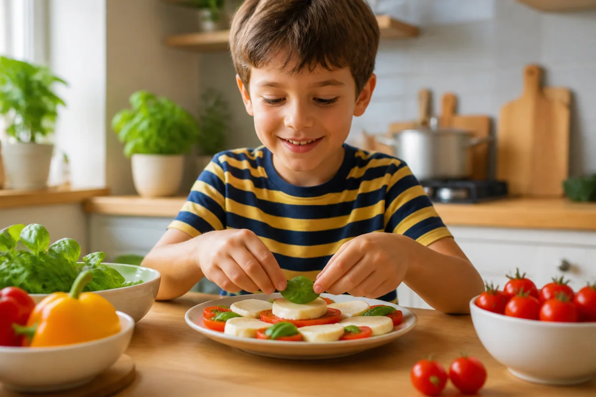 Jeune garçon de 7 ans préparant une assiette de légumes frais dans une cuisine lumineuse et moderne.