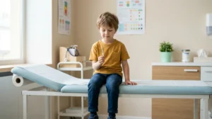 Garçon de 7 ans calme tenant une bandelette urinaire lors d'une consultation médicale dans un cabinet pédiatrique rassurant.