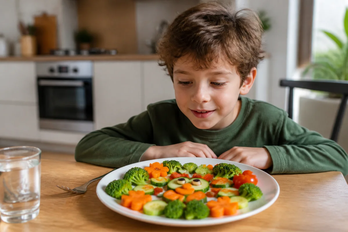Garçon de 7 ans observant avec curiosité une assiette de légumes colorés pour mon fils de 7 ans ne mange rien.