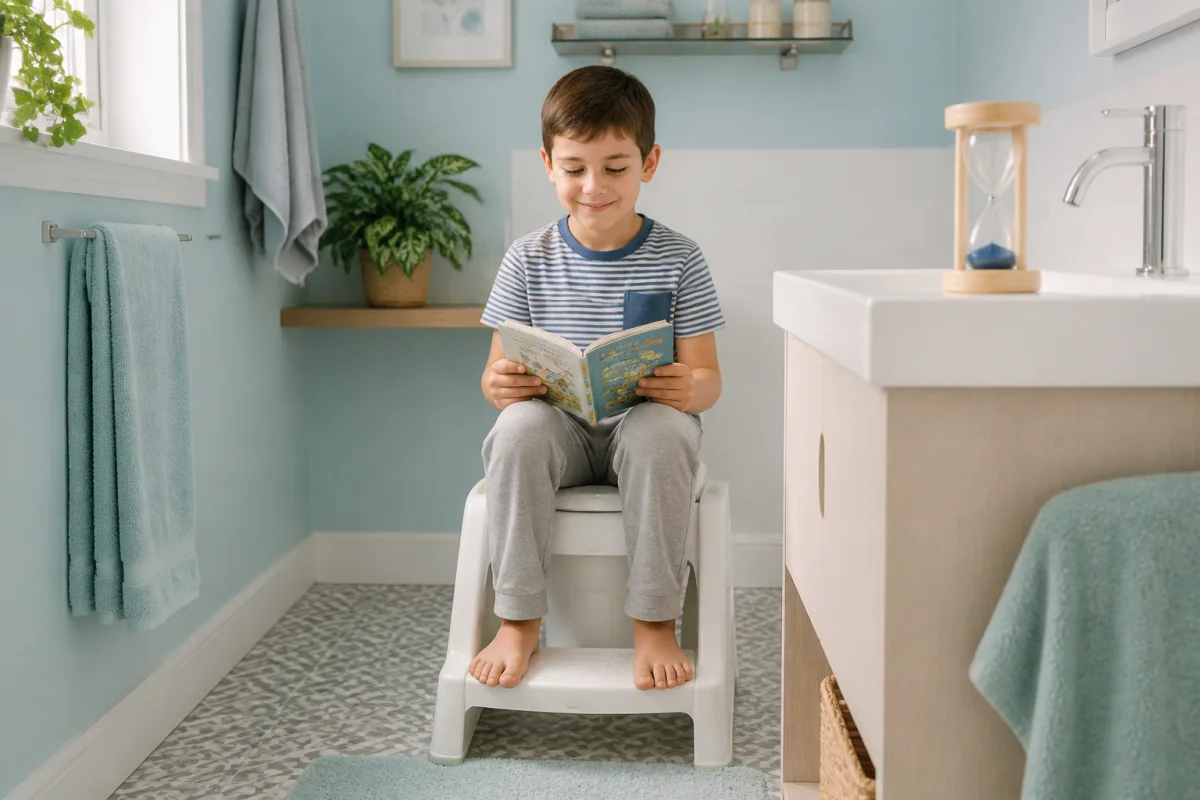 Jeune garçon de huit ans lisant un livre sur un marchepied dans une salle de bain moderne et apaisante.