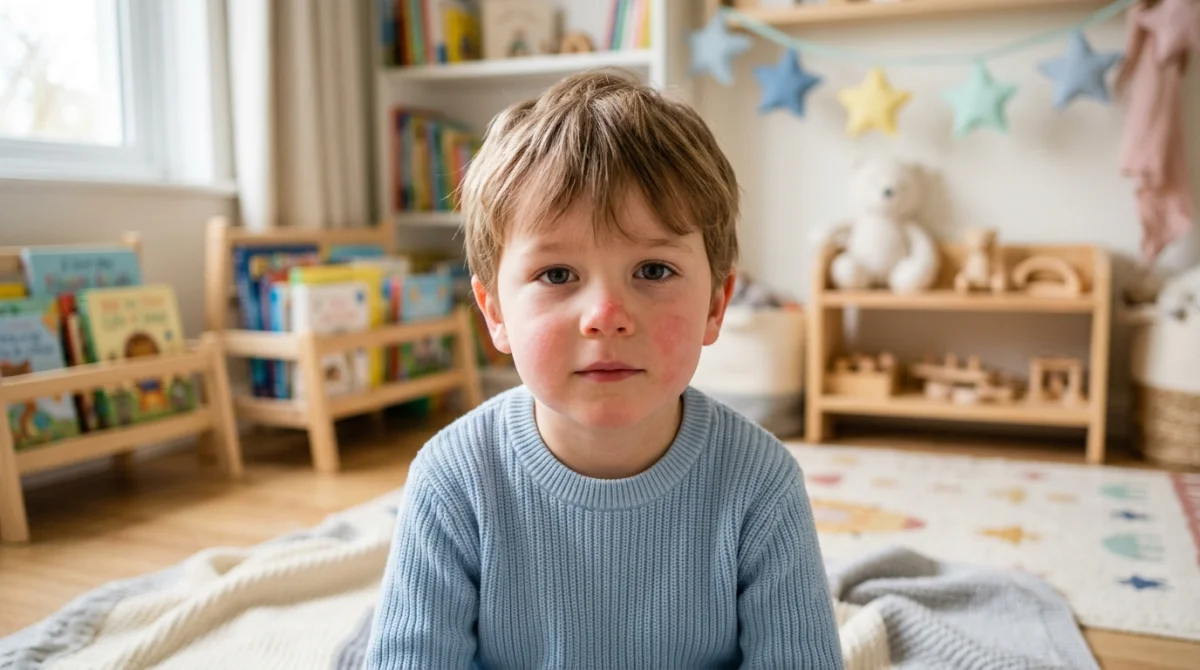 Jeune enfant au visage calme et serein dans une chambre douillette, illustrant un moment de tranquillité apaisante.
