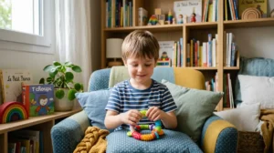 Jeune garçon souriant et apaisé jouant avec un objet sensoriel dans une chambre calme, idéal pour mon fils pousse des cris stridents.