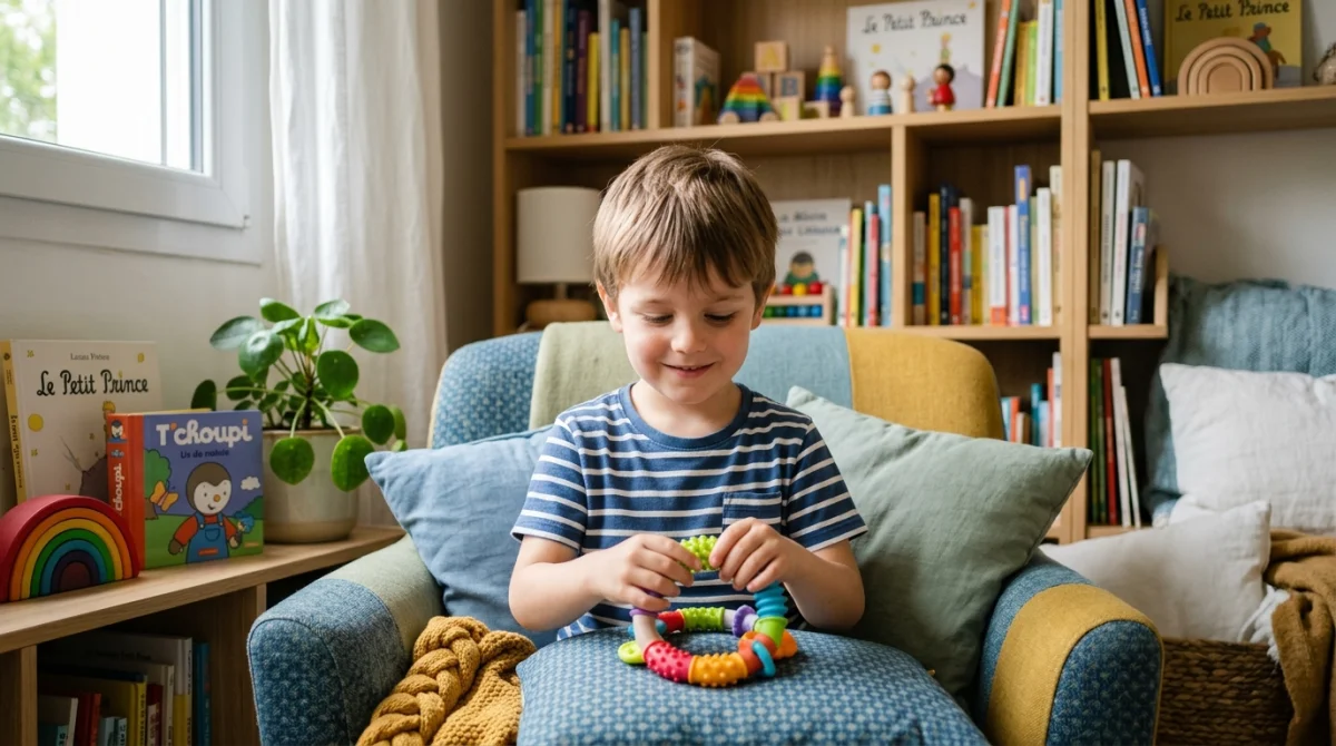 Jeune garçon souriant et apaisé jouant avec un objet sensoriel dans une chambre calme, idéal pour mon fils pousse des cris stridents.