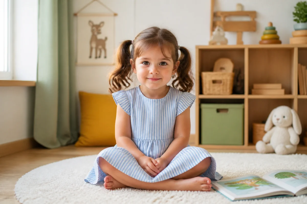 Petite fille aux cheveux châtains assise sur un tapis dans sa chambre, illustrant le développement naturel de l'enfant.