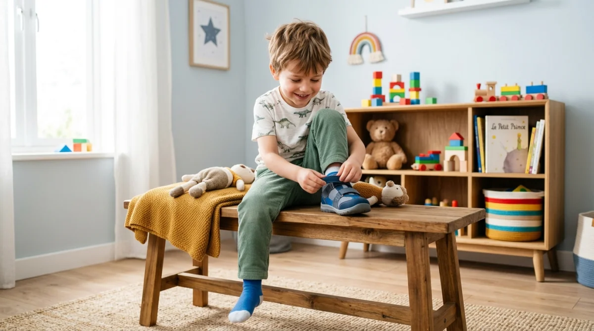 Jeune garçon souriant enfilant une chaussure orthopédique confortable dans sa chambre pour soulager son mal au pied.