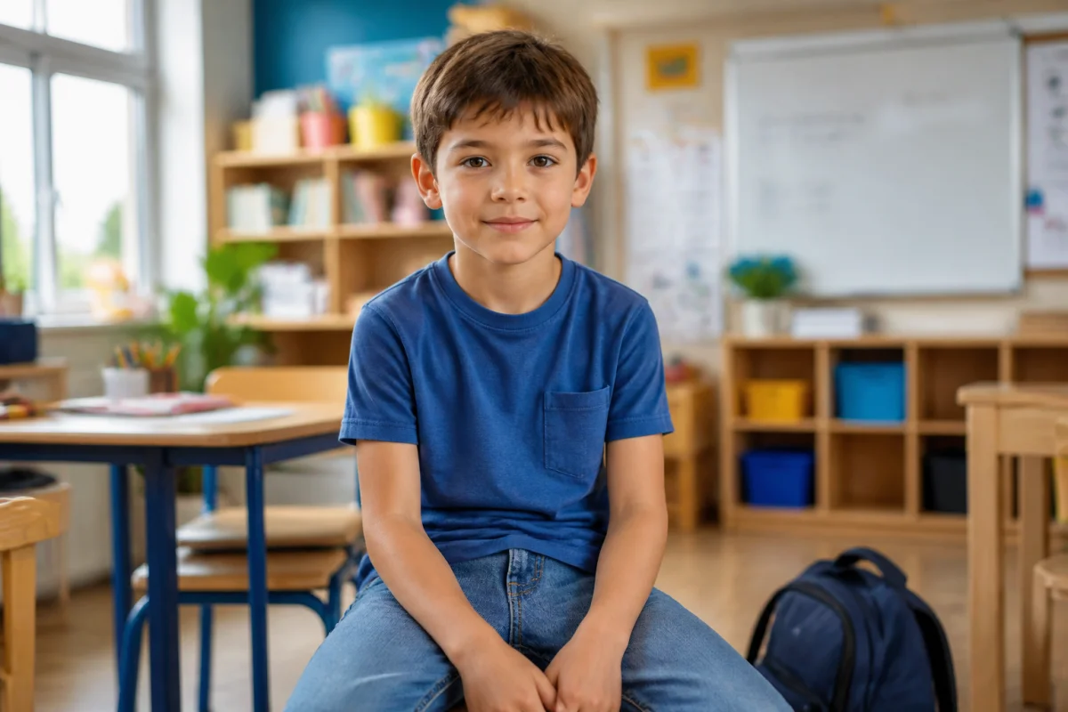 Jeune garçon de huit ans confiant et détendu dans une salle de classe lumineuse, environnement scolaire apaisant.