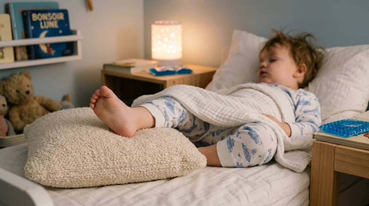 Jeune enfant endormi paisiblement avec le pied surélevé sur un coussin pour soulager ses douleurs nocturnes.