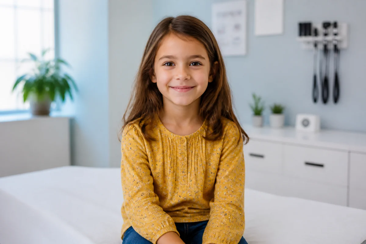 Jeune enfant souriante et sereine assise dans un cabinet médical moderne pour un examen sur les plaquettes.