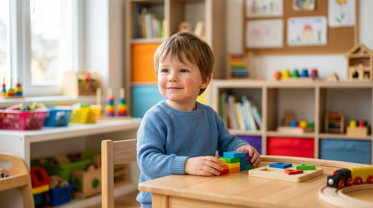Jeune enfant en bonne santé souriant dans une chambre lumineuse, illustrant un quotidien apaisé pour mon fils malade.