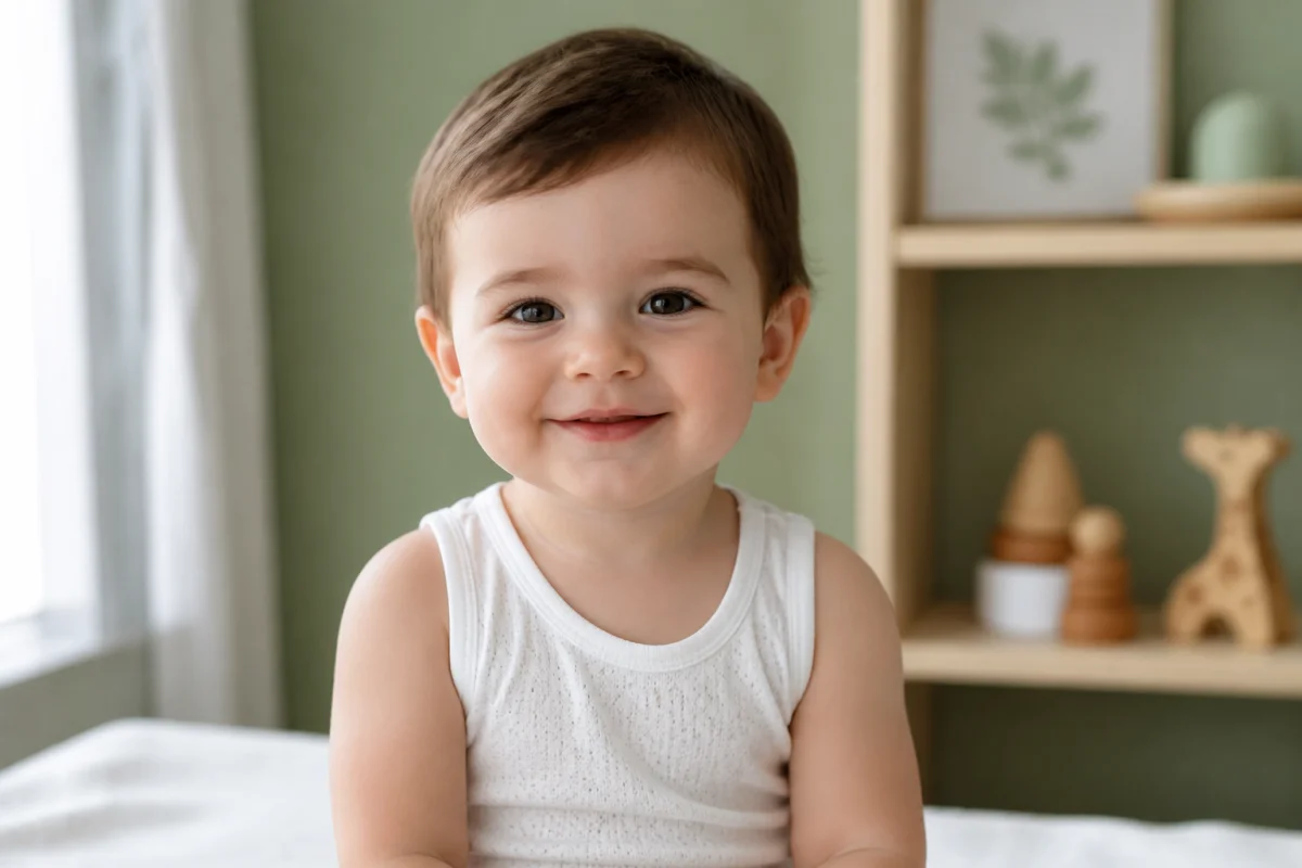 Jeune enfant souriant en body léger dans une chambre lumineuse, illustrant le sujet mon fils transpire beaucoup de la tête.