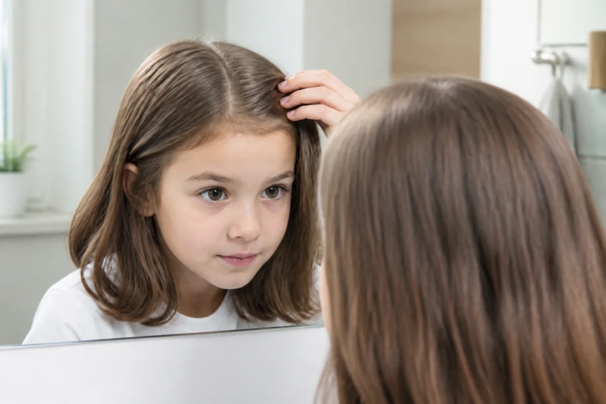 Jeune fille brune de 8 ans observant ses cheveux dans un miroir de salle de bain lumineuse.