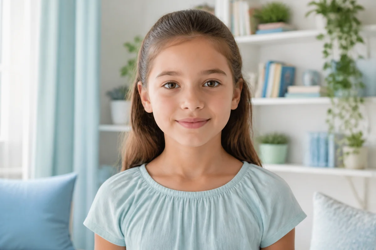 Jeune fille de neuf ans sereine dans sa chambre, illustrant le développement naturel durant l'enfance.