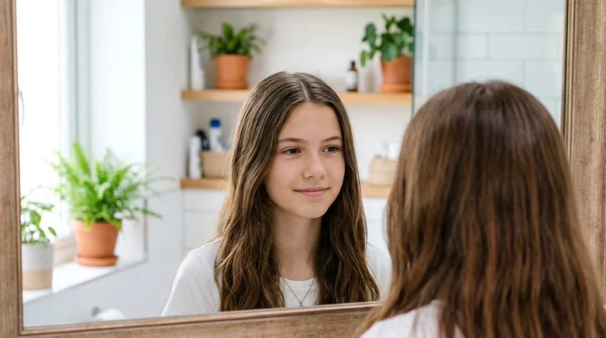 Jeune fille examinant attentivement son cuir chevelu dans un miroir, illustrant le problème quand ma fille perd ses cheveux.
