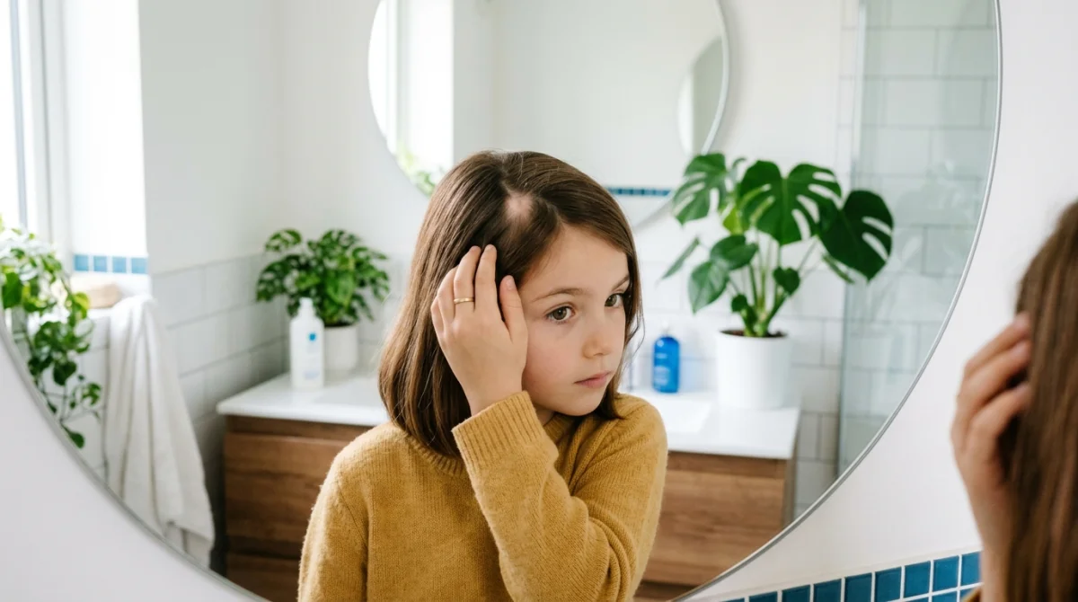 Jeune fille observant avec inquiétude une zone dégarnie sur son cuir chevelu dans le miroir de sa salle de bain.