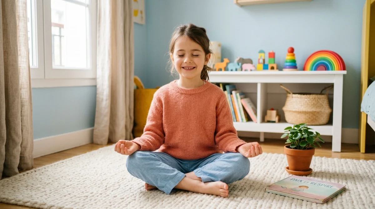 Jeune fille détendue pratiquant la respiration apaisante pour soulager quand ma fille a mal au ventre tous les jours.
