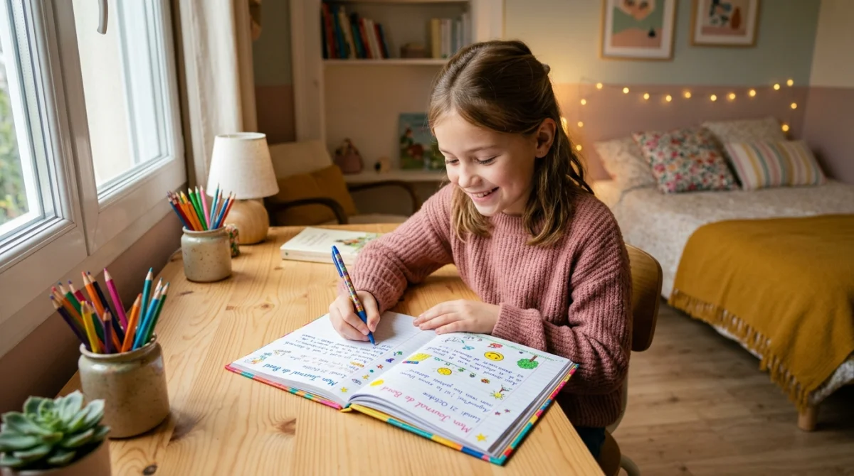 Jeune fille souriante écrivant dans un carnet pour le suivi quand ma fille a mal au ventre tous les jours.