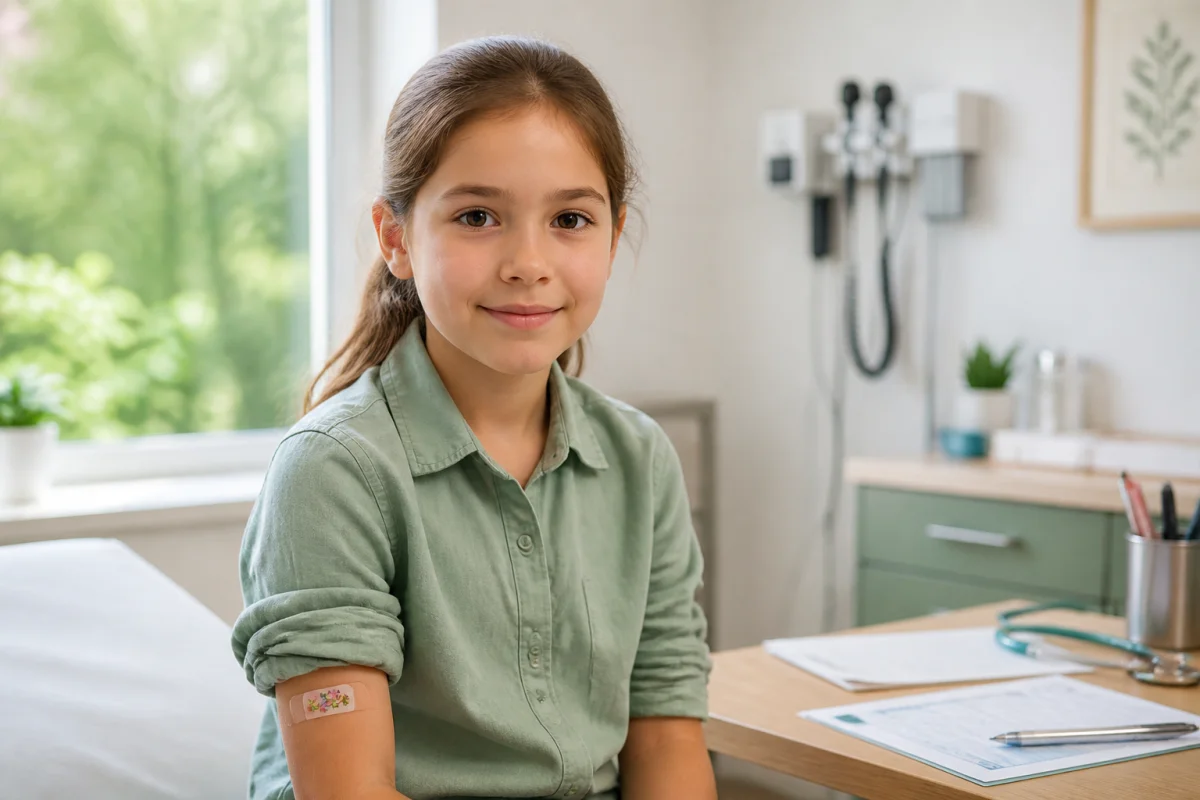 Jeune fille sereine avec un pansement au bras lors d'une consultation médicale pour un bilan de plaquettes.