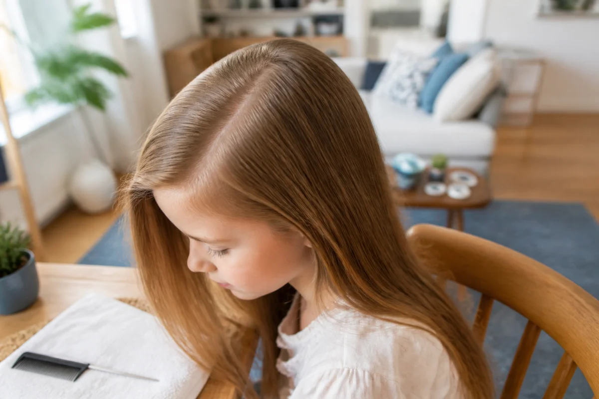 Jeune fille aux cheveux châtains examinés avec un peigne fin pour vérifier la présence de lentes.
