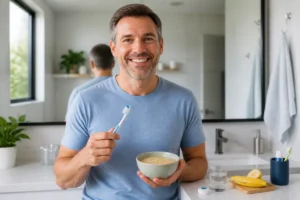 Adulte souriant s’habituant à un bridge dentaire, tenant une brosse à dents et des aliments souples dans une salle de bains lumineuse