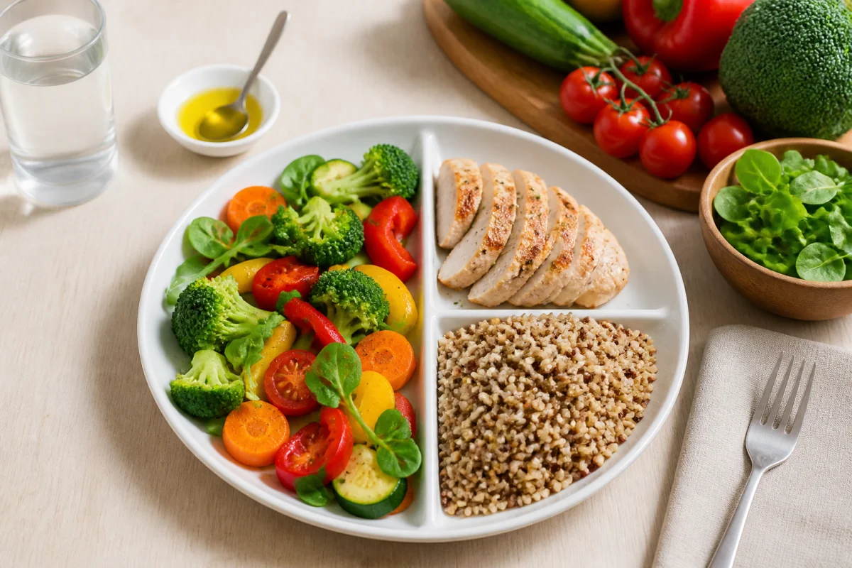Assiette équilibrée illustrant comment calculer les portions alimentaires avec légumes, protéines, féculents complets et matière grasse mesurée