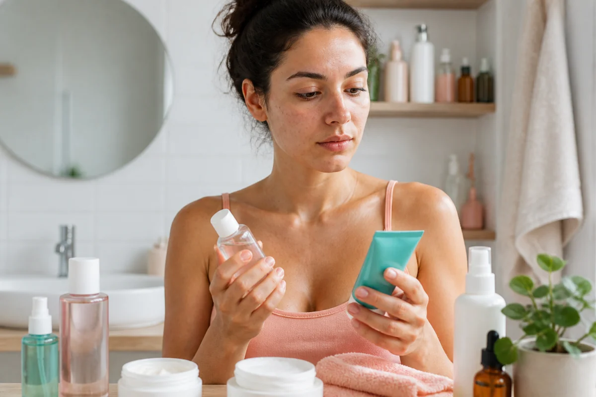 Adulte examinant des produits cosmétiques, avec imperfections cutanées illustrant une cause possible de l’acné adulte