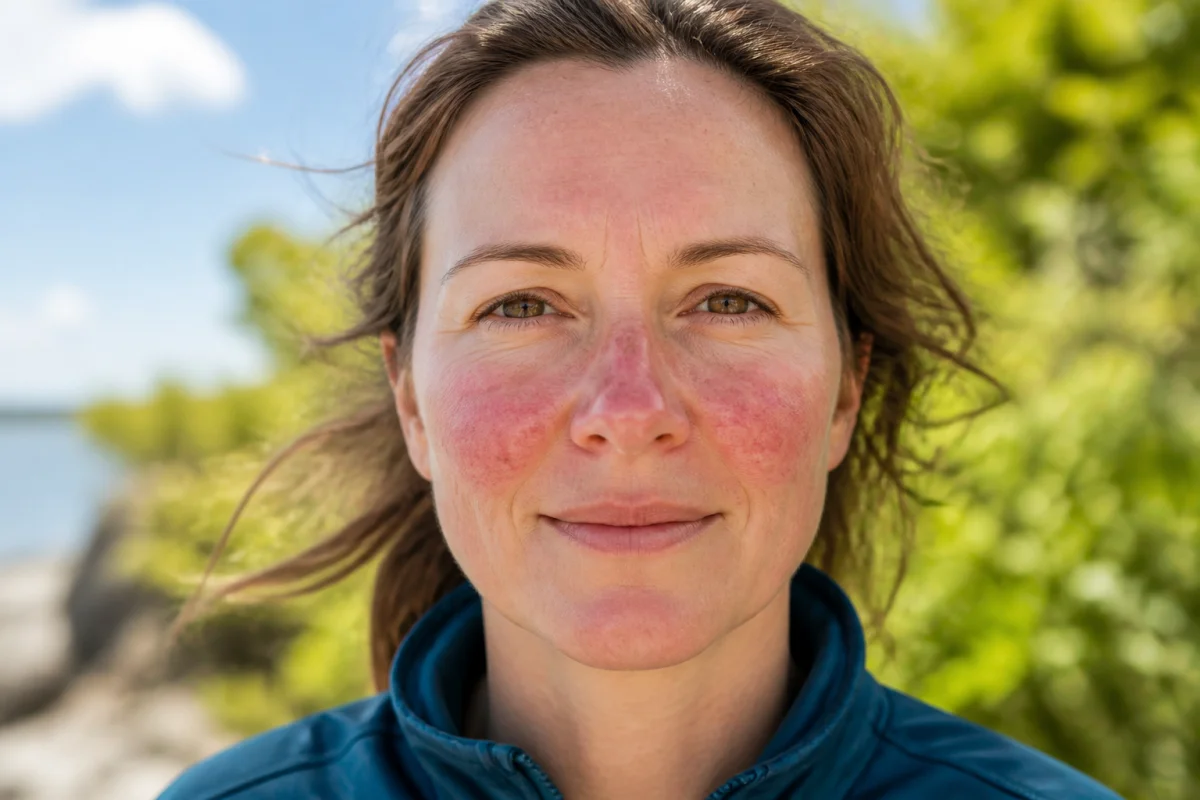 Visage adulte présentant une rougeur diffuse des joues et du nez, illustrant une cause possible de la rosacée du visage