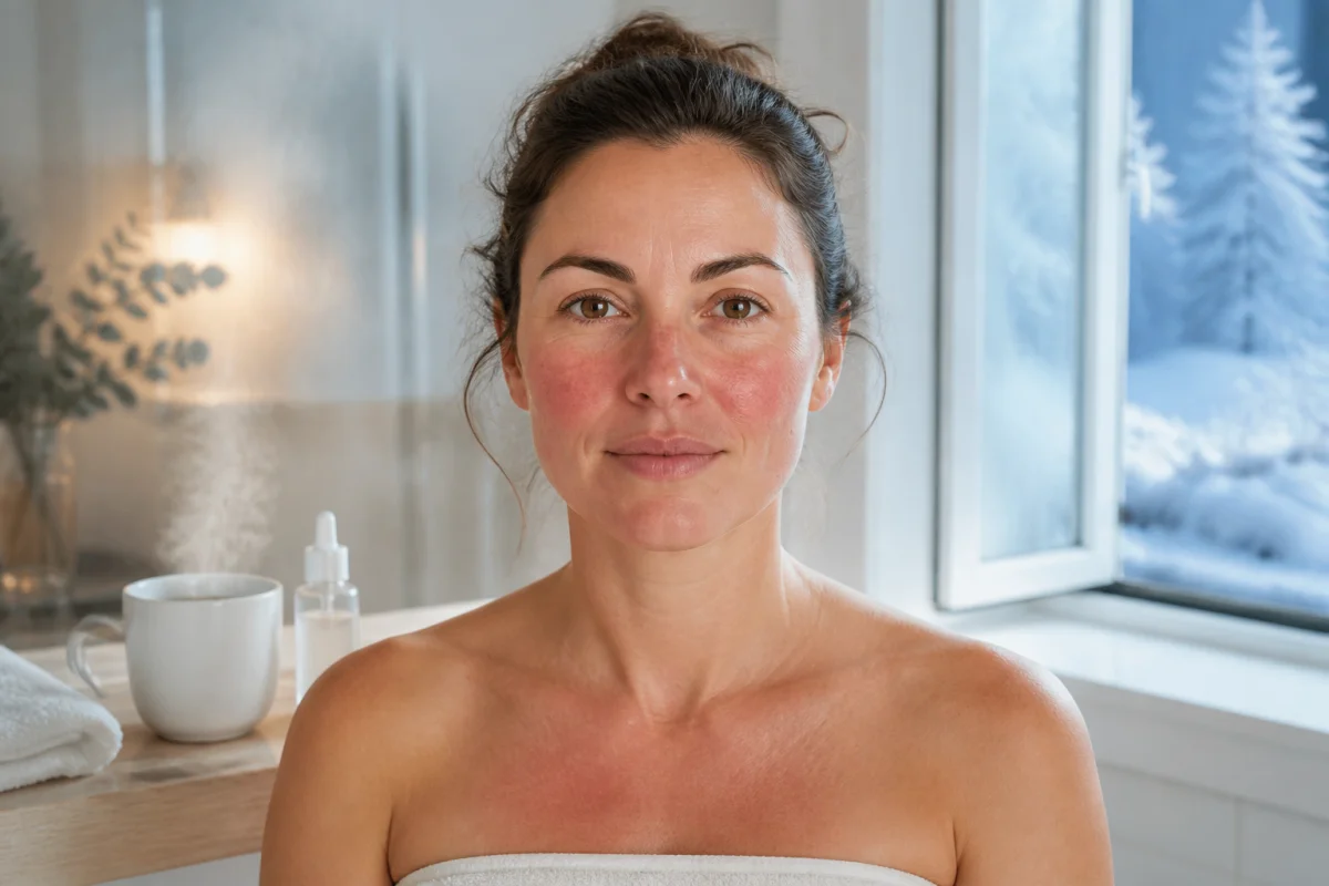 Rougeur diffuse des joues et du nez illustrant une cause possible de la rosacée du visage en contexte de variations thermiques