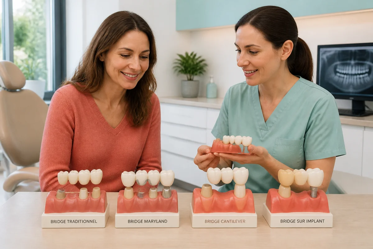 Patiente et dentiste présentent quatre types de bridges dentaires pour comprendre combien de temps pour s’habituer à un bridge dentaire