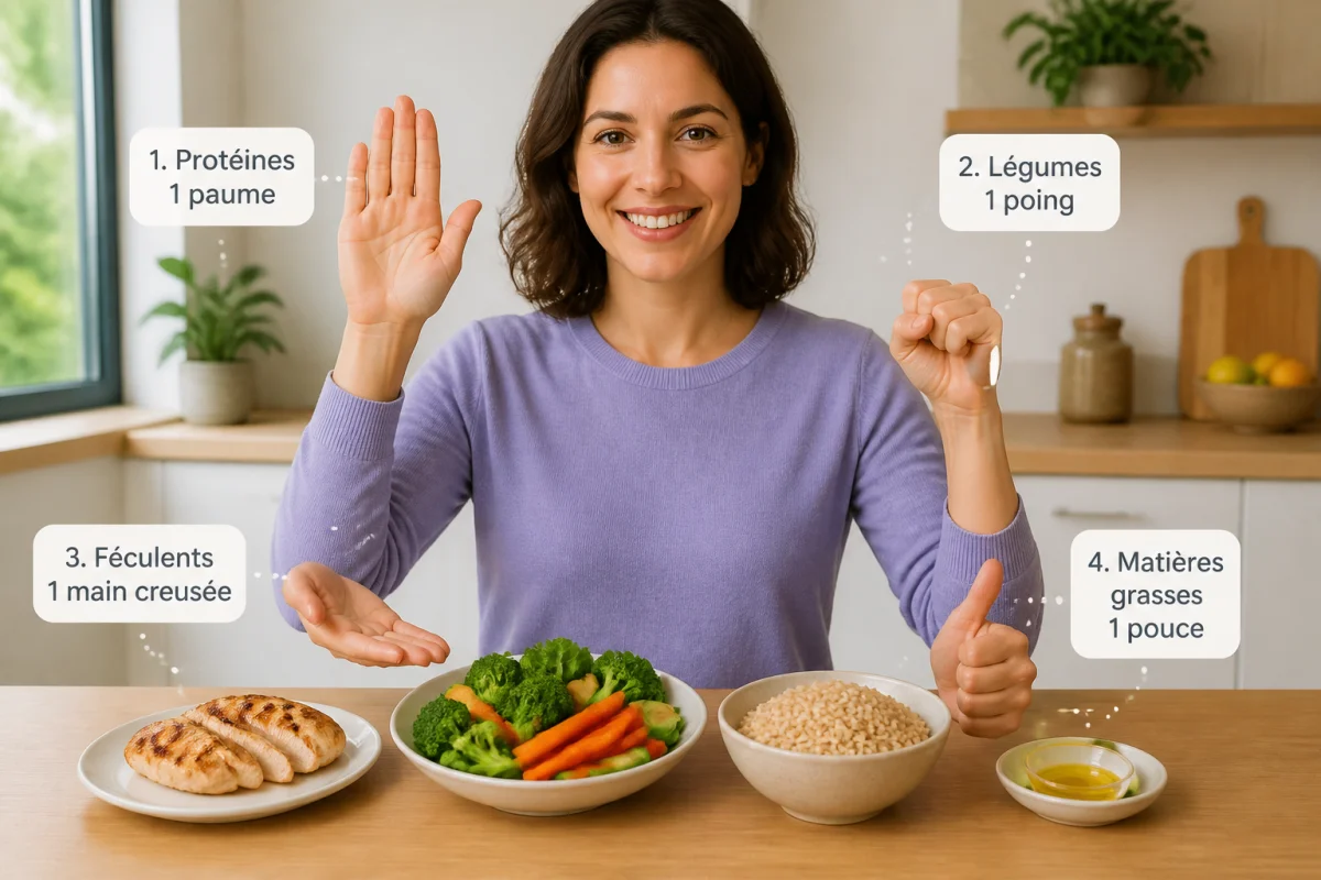 Personne montrant quatre repères manuels pour calculer les portions alimentaires : protéines, légumes, féculents et matières grasses