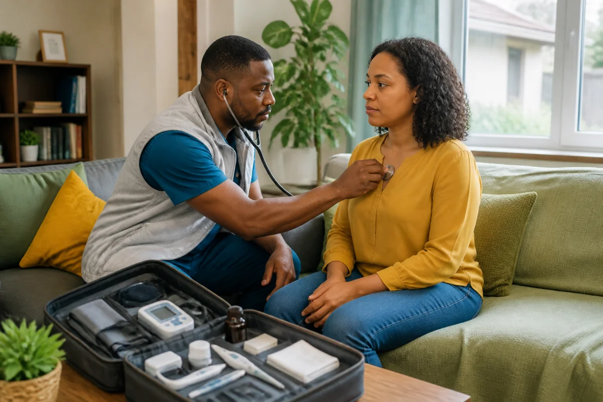 Médecin SOS Médecins examinant une patiente à domicile avec sa mallette médicale ouverte.