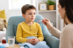 Mon fils refuse de prendre ses antibiotiques, tandis qu’un parent lui présente doucement une cuillère doseuse