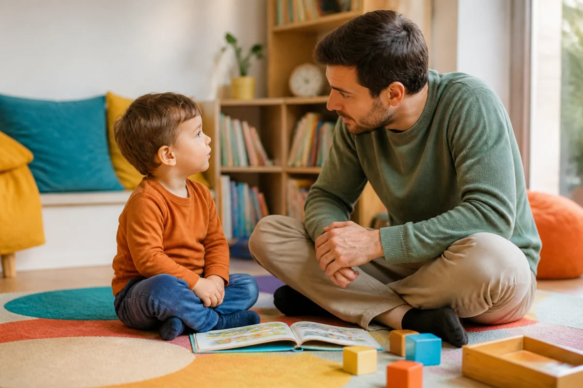 Adulte bienveillant échangeant avec un enfant de 2 ans dans un coin lecture chaleureux, favorisant la communication sans pression