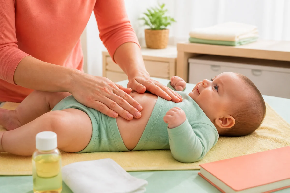 Bébé allongé pendant qu’un parent lui masse doucement le ventre pour soulager la constipation infantile