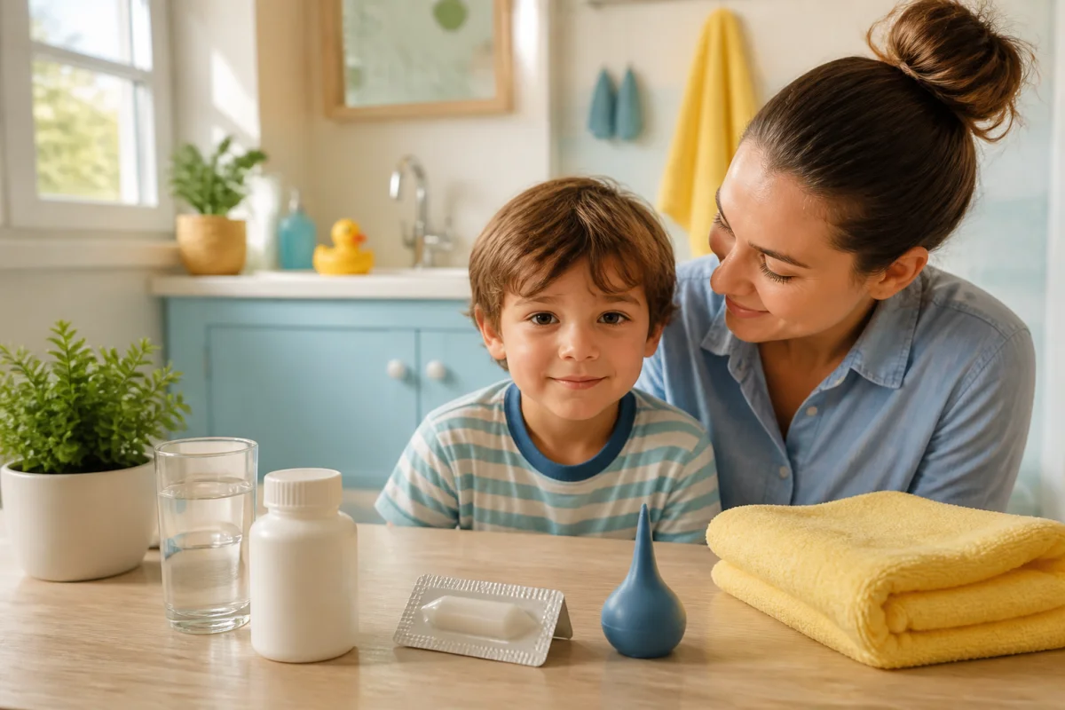 Enfant accompagné d’un parent dans une salle de bain, avec produits pédiatriques génériques contre la constipation à proximité