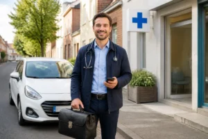 Médecin généraliste devant une voiture médicale à Saint-Quentin, symbolisant les visites à domicile et les soins de proximité
