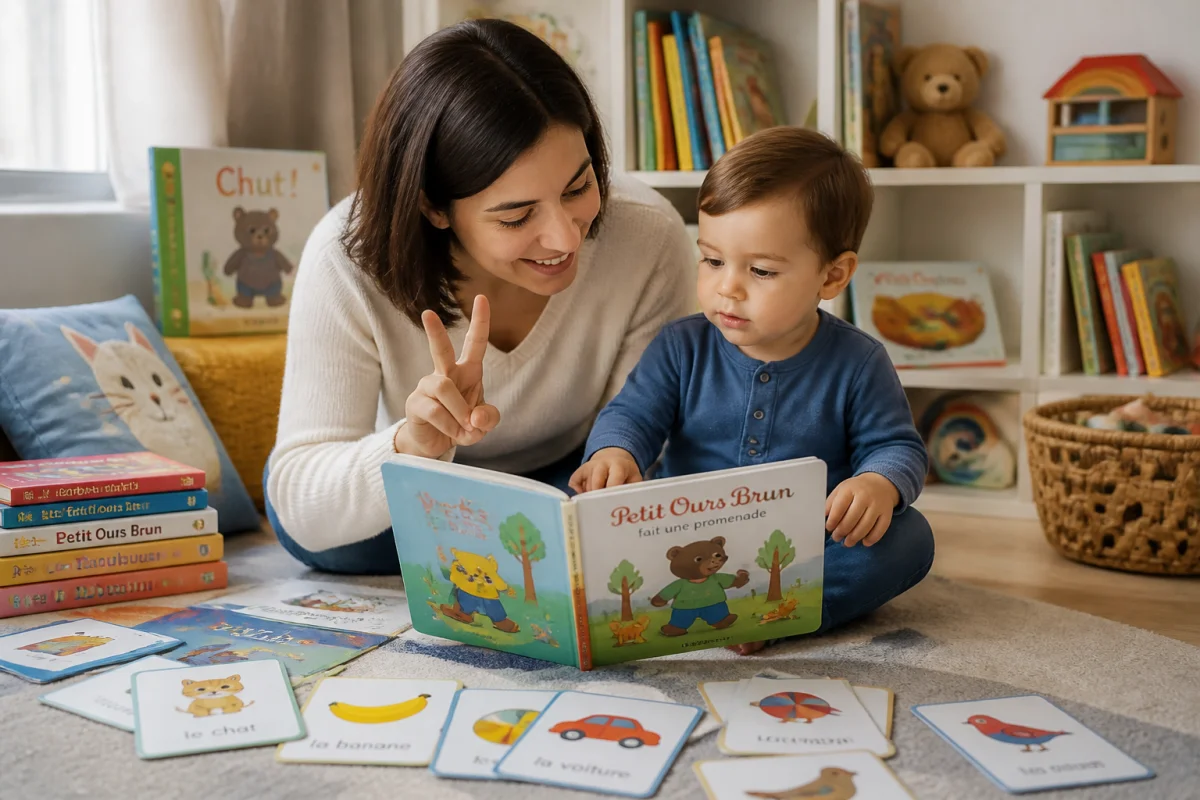 Parent partageant un livre illustré avec son fils de 2 ans dans un coin lecture chaleureux et éducatif