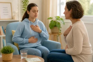 Adolescente apaisant une crise d’angoisse avec l’aide d’un parent grâce à des exercices de respiration guidée