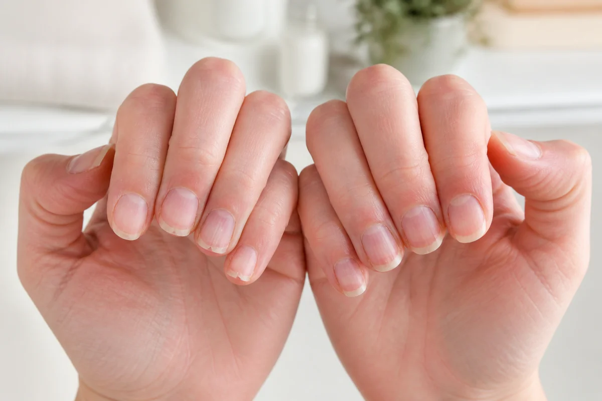 Mains naturelles présentant des ongles cassants et mous, dédoublés et légèrement striés, sur fond clair neutre