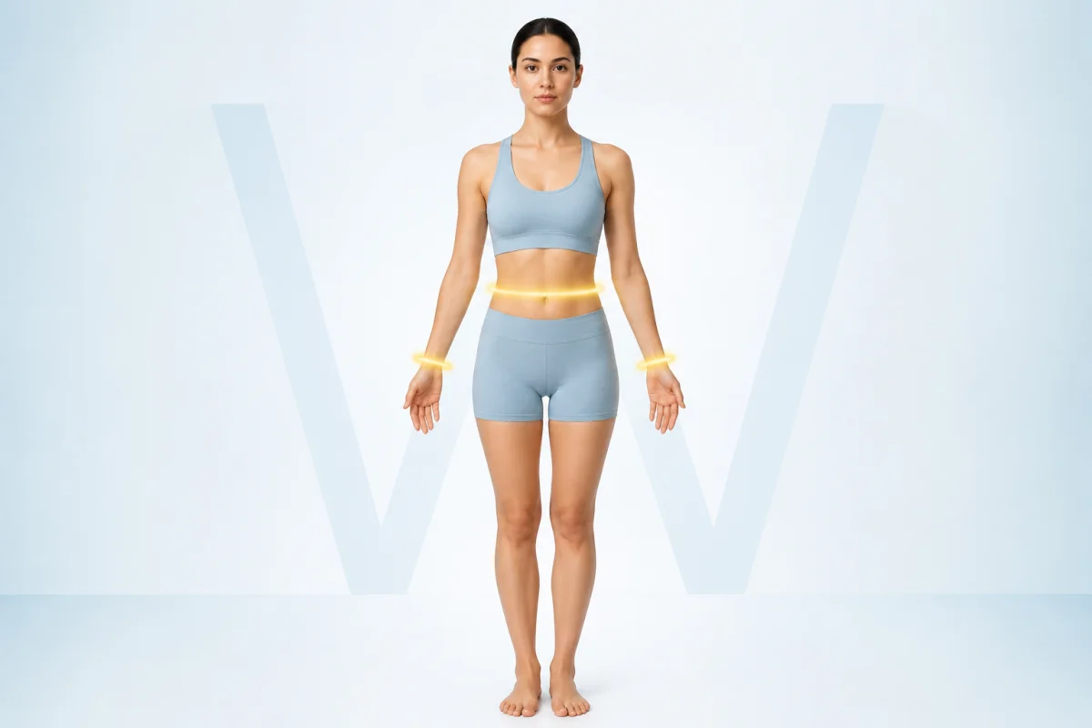 Silhouette humaine vue de face, taille et poignets mis en évidence pour illustrer une partie du corps en W