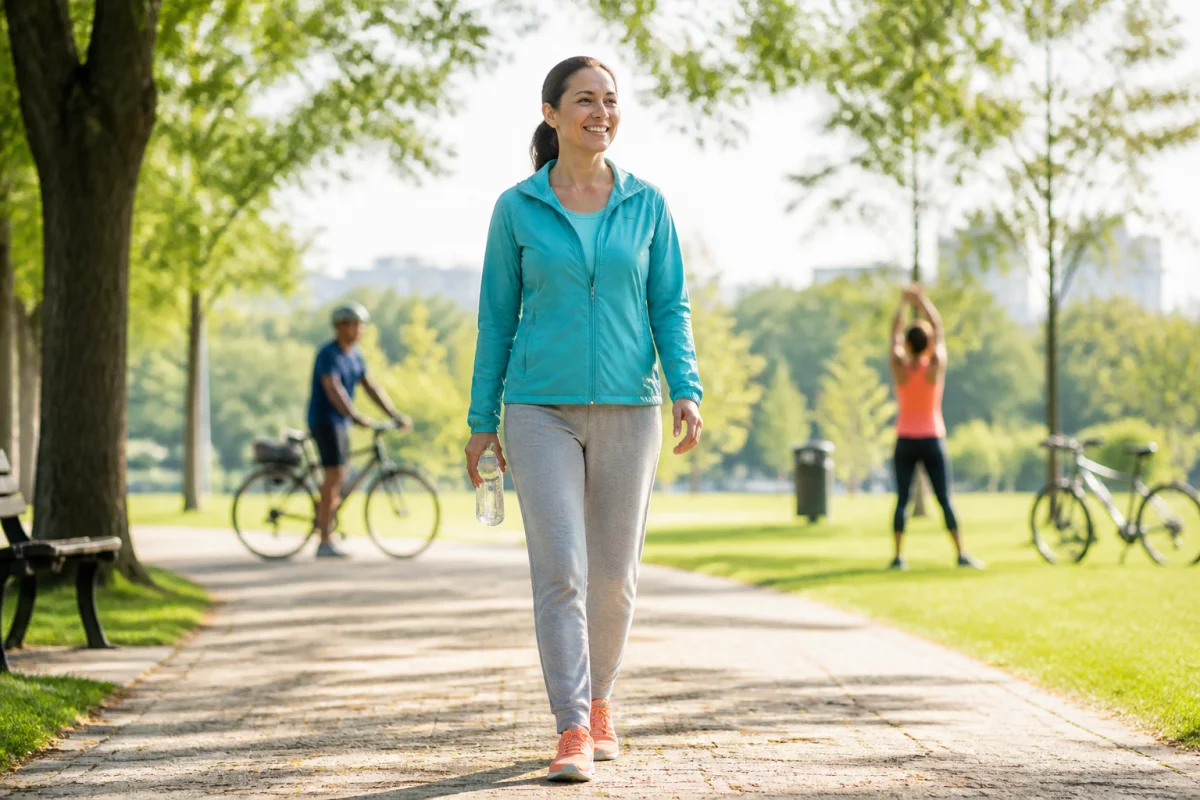 Adulte souriant marchant dans un parc verdoyant, illustrant l’activité physique pour soigner le stress chronique durablement