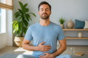 Adulte pratiquant la respiration consciente pour apprendre comment soigner le stress chronique dans un espace apaisant