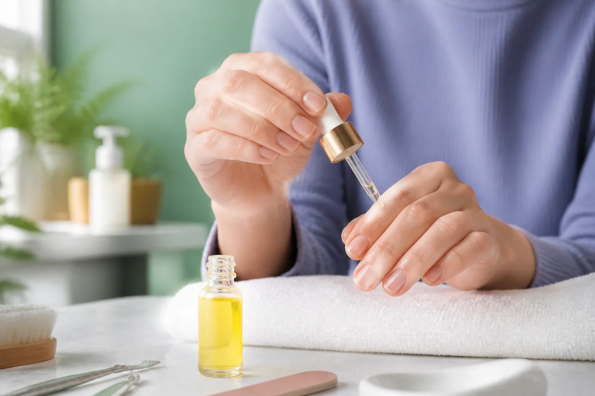 Application d’huile hydratante sur des ongles cassants et mous, dans une salle de bain lumineuse et apaisante