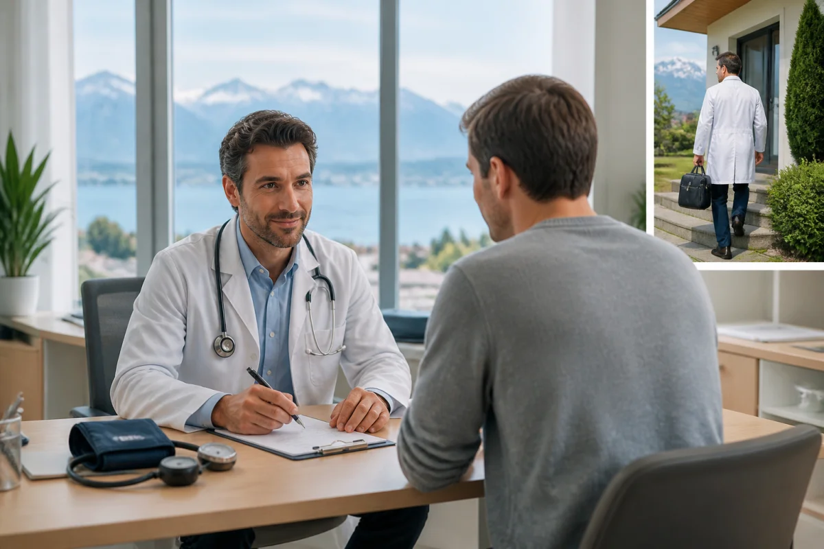 SOS Médecin Annecy accueillant un patient en consultation dans un centre médical moderne aux paysages alpins